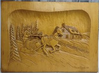 XL Claude Jarret Horse & Sled Carved Wood Plank