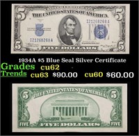 1934A $5 Blue Seal Silver Certificate Grades Selec