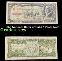 1958 National Bank of Cuba 5 Pesos Note Grades vf+