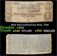 1864 $10 Confederate Note, T-68 Grades vf+