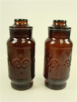 2 Amber Apothecary Fleur De Lis Glass Jars w/Lids