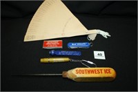 Small Advertising Pieces; Ice Pick, Pen, Wood Fan