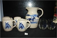 Pottery Pitcher and 4 Mugs w/horses painted on