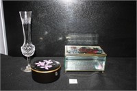 Clear Crystal Vase; Black/Floral Round Box