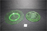 Vaseline Glass Green Plates (2); Decagon Shape-8"