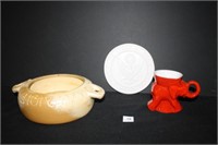 Frankoma Pottery pieces; Red Elephant Mug; Trivet