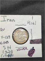 1944 Iran 1 Rial silver coin marked AU