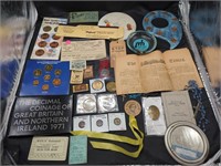 Vintage Coins, paper money, medals, ashtray,