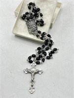 Black glass beaded rosary in gift box