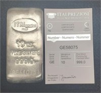 (10) Troy Oz. Silver Bar Sold By The Ounce "Ital"