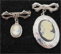 Pair of vintage cameo brooches costume jewelry