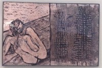 Modernist Female Nude, Enamel on Copper, Framed
