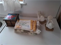 Coasters, towels, doilies, doves  (one has broken
