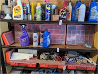 Shelf lot, engine starting fluid, oil, containers