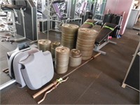 Lot with Weights, Bench, Misc Bars & Axle Bar