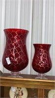 Red & gold glass footed vases - shorter is 12’’