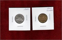 CANADA 1942 NICKEL & TOMBAC 5 CENT COINS