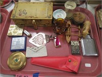 Tray of Misc. Compacts, Celluloid Bear, Lighters,+