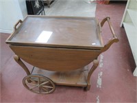 Rolling Wooden Cart w/Glass Tray & Drop Leaves.