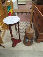 Marble Top Stand, Wine Rack, Painted Butter Churn.