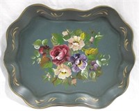 Metal tole ware floral painted tray - 18 x 14