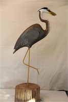 Hand Carved & Painted Blue Heron Decoy W/ Bluegill