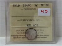 1944 (iccs)( Ms60) Newfoundland Silver 5 Cent