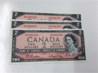 3x 1954 Canadian Unc 2 Dollar Bills With