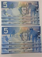 3x Canadian Unc 5 Dollar Bills With Consecutive