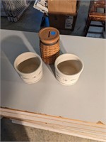 2 Longaberger Pottery Canisters & Coin Bank