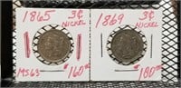 1865 & 1869 3 Cent Nickels
