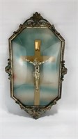 Vintage convex glass brass framed crucifix