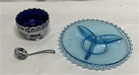 Cobalt blue bowl & Blue glass divided tr      - ZC