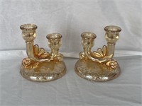 Pair of orange Carnival Glass candlesticks - ZH