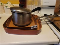 (2) SKILLETS PLUS  HANDLED POT WITH LID