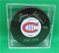 JEAN BELIVEAU Autographed Hockey Puck W/ Case
