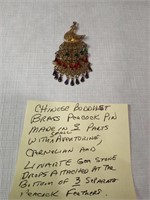 2.5" Ornate Buddhist Brass Peacock Pin w/Stones **
