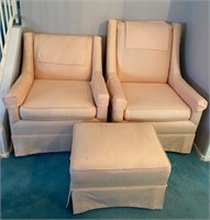 His / Her Pink Arm Chairs with Foot Stool