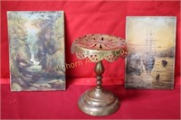 Vtg Brass Candle Stand, Canvas Art 3pc lot