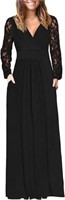 WNEEDU Women's XL Lace Long Sleeve Maxi Dress V