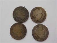 4 Barber dimes all 1907, 1911, 1912, 1915