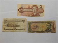 Paper Money $2.00 Can., 10 Shilling Aust., peso