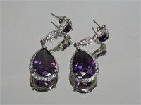 Purple Stone & Rhinestone Drop Pierced Earrings