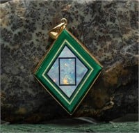 10K Malachite & Opal Geometric Art Deco Pendant