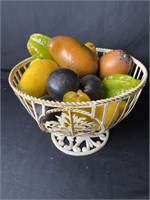 Beautiful Metal pedestal bowl, full of faux fruit