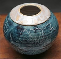 Signed Glazed Blue Pottery Vase