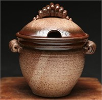 Glazed & Signed Stoneware Bean With Lid