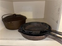 Five piece, Wagner ware, cast-iron cookware
