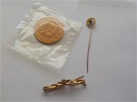 10K marked stick pin, copper coin, other pin