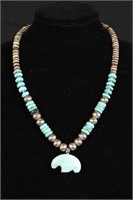 Zuni Bear Fetish Turquoise Sterling Bead Necklace
